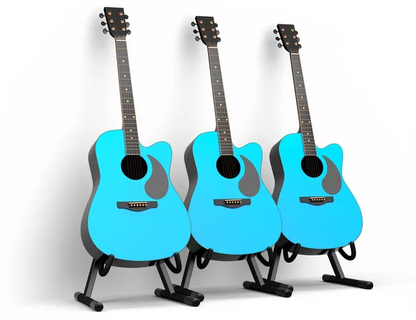 一套在白色背景上隔离的声学吉他 音乐商店用西班牙吉他制作摇滚音乐节海报的概念3D渲染 — 图库照片