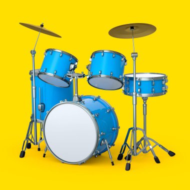 Sarı arka planda metal zilleri olan gerçekçi davullar. 3D render müzik perküsyon enstrümanı, davul makinesi ve bateri seti