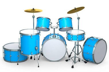 Beyaz arka planda metal zilleri olan gerçekçi davullar. 3D render müzik perküsyon enstrümanı, davul makinesi ve bateri seti
