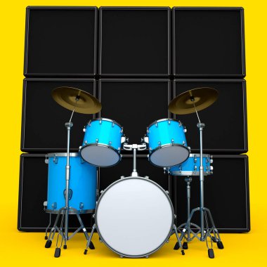 Metal zilli gerçekçi davullar ya da bateri seti ve sarı arka planda amplifikatör. 3D render müzik perküsyon enstrümanı, davul makinesi ve bateri seti