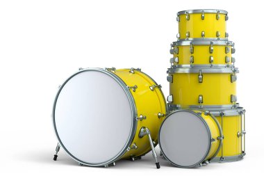 Gerçekçi davul seti ya da bateri seti beyaz arka planda. 3D render müzik perküsyon enstrümanı, davul makinesi ve bateri seti
