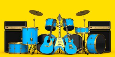 Sarı arka planda metal zilleri, bateri setleri, amplifikatörleri ve akustik gitarları olan gerçekçi davullar. 3D render müzik perküsyon enstrümanı, davul makinesi ve bateri seti