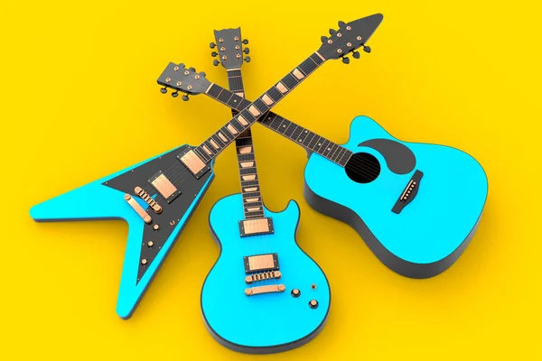 Set of electric acoustic guitar isolated on yellow background. 3d render of concept for rock festival poster with heavy metal guitar for music shop