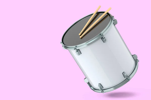 ピンクの背景にリアルなドラムと木のドラムスティック ドラムマシンの3Dレンダリングコンセプト — ストック写真