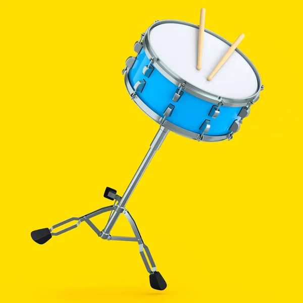 Ρεαλιστικά Drum Και Ξύλινα Drum Sticks Και Στέκονται Κίτρινο Φόντο — Φωτογραφία Αρχείου