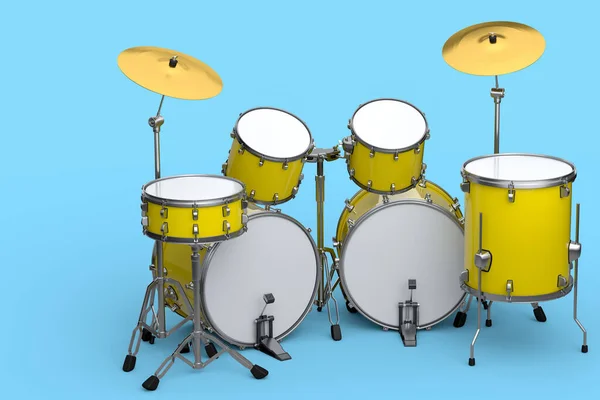 Set Realistische Drums Met Metalen Bekkens Blauwe Achtergrond Renderen Concept — Stockfoto