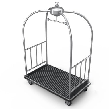 Beyaz arka planda bagaj taşımak için otel yük arabası. Tatilde otel servisinin 3D sunucu ögesi