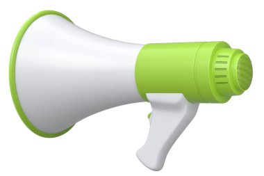 Beyaz arka planda megafon izole edilmiş. 3D alışveriş ve reklam fikri, işe alım kavramı