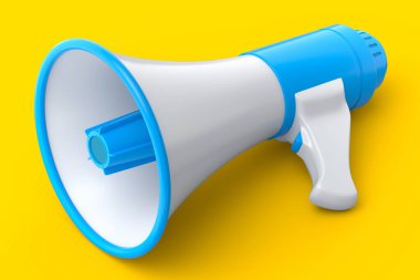 Sarı arka planda megafon izole edilmiş. 3D alışveriş ve reklam fikri, işe alım kavramı