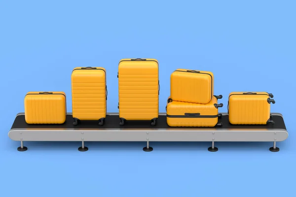 Airport luggage conveyor belt, manufacture line or baggage claim area with suitcases on blue background. 3d render of travel vacation concept.