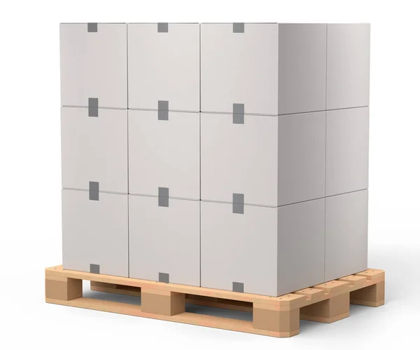 一套木制托盘 用于仓库货物储存 白色背景的纸板箱 货物装卸和运输 仓储服务设备托盘的三维渲染 — 图库照片