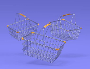 Mor arka planda süpermarketten uçan metal tel alışveriş sepeti seti. 3D canlandırma konsepti online alışveriş ve Kara Cuma indirimi