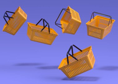 Mor arka planda süpermarketten alınmış uçan plastik alışveriş sepeti seti. 3D canlandırma konsepti online alışveriş ve Kara Cuma indirimi