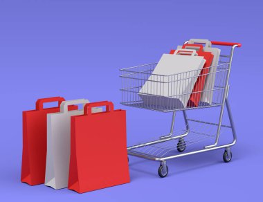 Market arabası ya da market arabası. Mor arka planda kese kağıdı var. 3D satış, indirim, alışveriş ve teslimat konsepti