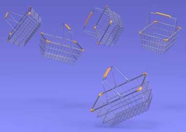 Mor arka planda süpermarketten uçan metal tel alışveriş sepeti seti. 3D canlandırma konsepti online alışveriş ve Kara Cuma indirimi