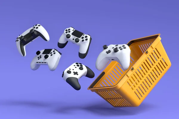Set Van Vliegende Gamer Joysticks Gamepads Plastic Mandje Paarse Achtergrond — Stockfoto