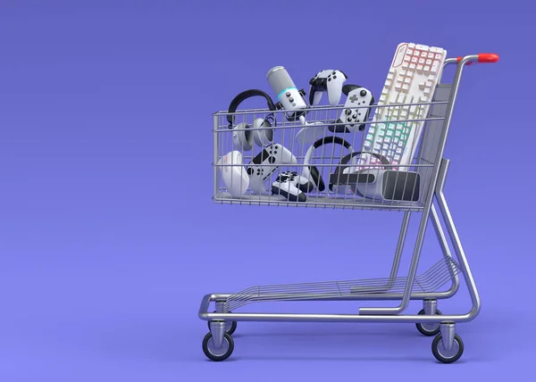 Gamer Gears Mouse Keyboard Joystick Headset Headset Shopping Carts Purple — Stock Photo, Image