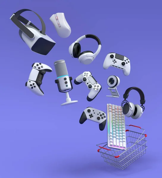 Flying Gamer Εργαλεία Όπως Ποντίκι Πληκτρολόγιο Joystick Ακουστικά Ακουστικά Μεταλλικό — Φωτογραφία Αρχείου