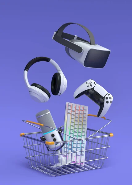Flying gamer gears like mouse, keyboard, joystick, headset, VR Headset in metal wire basket on purple background. 3d render concept of sale, shopping and delivery of accessories for live streaming