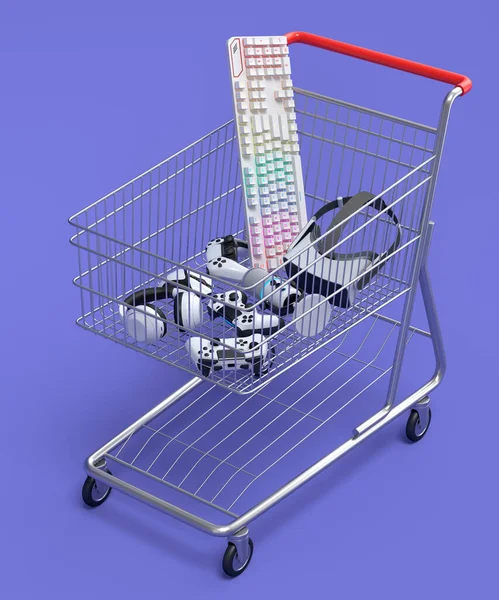 Gamer gears like mouse, keyboard, joystick, headset, VR Headset in shopping carts on purple background. 3d render concept of sale, discount, shopping and delivery of accessories for live streaming
