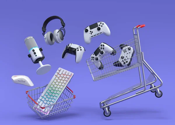 Flying gamer gears like mouse, keyboard, joystick, headset, VR Headset in shopping carts and basket on purple background. 3d render of sale, shopping and delivery of accessories for live streaming