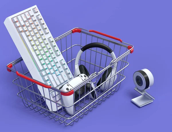 Top view gamer gears like mouse, keyboard, web camera, headphones and microphone in metal wire basket on purple background. 3d render of sale, shopping and delivery of accessories for live streaming