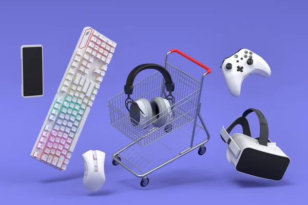 Gamer gears like mouse, keyboard, joystick, headset, VR Headset and shopping carts on purple background. 3d render concept of sale, discount, shopping and delivery of accessories for live streaming