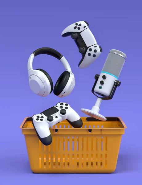 Flying gamer gears like mouse, joystick, headphones, VR glasses, microphone in plastic basket on purple background. 3d render concept of sale, shopping and delivery of accessories for live streaming