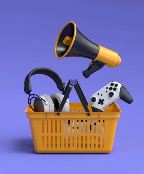 Gamer Fogaskerekek Mint Headset Fejhallgató Joystick Műanyag Kosárban Lila Háttér — Stock Fotó