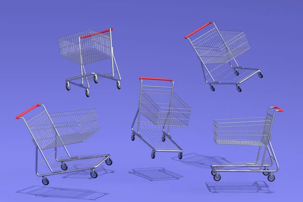 Set Flying Shopping Carts Trolley Groceries Purple Background Render Concept — Stock Photo, Image
