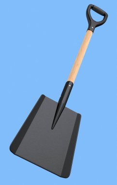 Mavi arka planda izole edilmiş ahşap saplı bahçe küreği. Çiftlik ve yaz kampı için 3D bahçe aletleri ve ekipman.