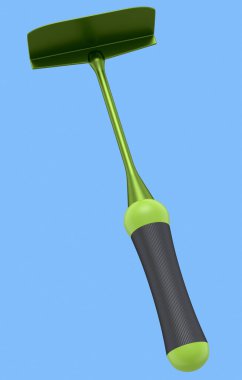 Mavi arka planda çiçek ve sebze dikmek için tahta sopalı çapa. Organik çiftliğin 3D canlandırma kavramı