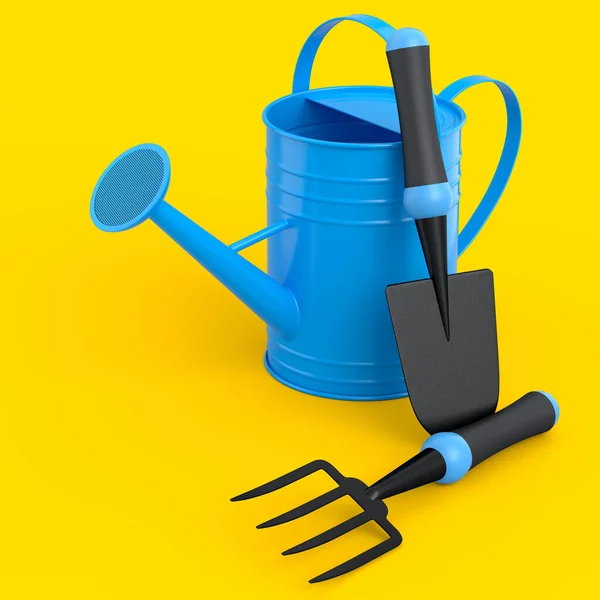 Watering can with garden tools like shovel, rake and fork on yellow background. 3d render concept of horticulture and farming supplies