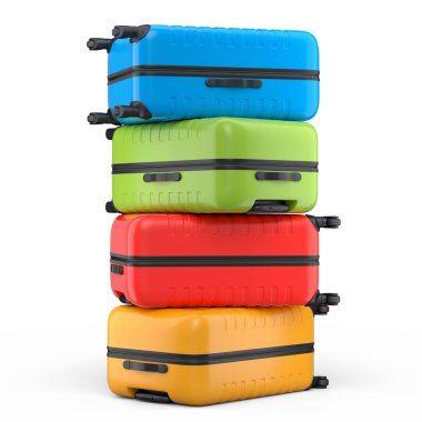 Beyaz arka planda izole edilmiş polikarbonat bavulları. 3D seyahat konsepti bagaj veya bagaj