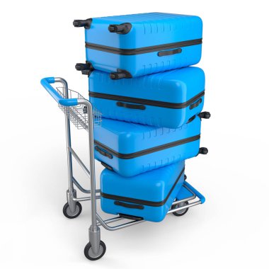 Beyaz arka planda bagaj taşımak için otel vagonunda normal polikarbonat bavulu. 3D seyahat konsepti. Tatil ve bagaj taşımacılığı.