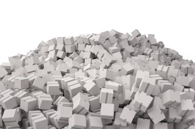 Beyaz arka planda izole edilmiş bir yığın karton kutu ya da hediye kutusu. 3D ekspres teslimat kavramı depo, paket taşımak ve çevrimiçi alışveriş