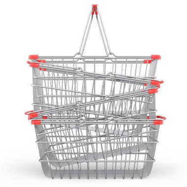 Stack of metalwire shopping basket from supermarket on white background. 3d render concept of online shopping andblack friday sale