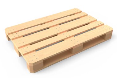 Depo için ahşap palet beyaz arka planda izole edilmiş. Kargo yükleme ve taşıma, nakliye, nakliye, depolama servis ekipmanları için 3D tepsi hazırlama