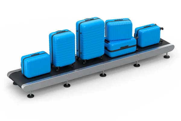 机场行李传送带 生产线或行李认领区 行李箱白色底座 旅行假概念的三维表述 — 图库照片