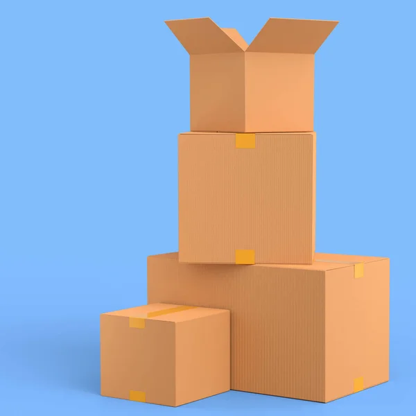 一套纸板箱或纸板箱 隔离在蓝色背景下 3D提供速递至仓库 运送包裹及网上购物的概念 — 图库照片