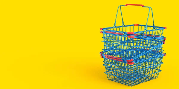 Stack Metalwire Shopping Basket Supermarket Yellow Background Render Concept Online —  Fotos de Stock