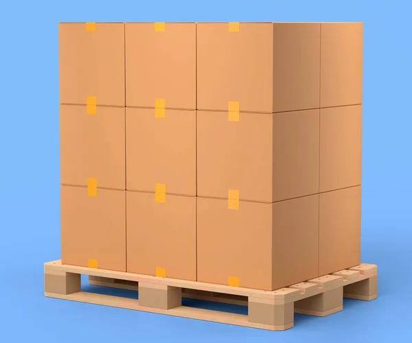 Set of wooden pallet for warehouse cargo storage with cardboard boxes on blue background. 3d render of tray for cargo loading and transportation, freight delivery, warehousing service equipment