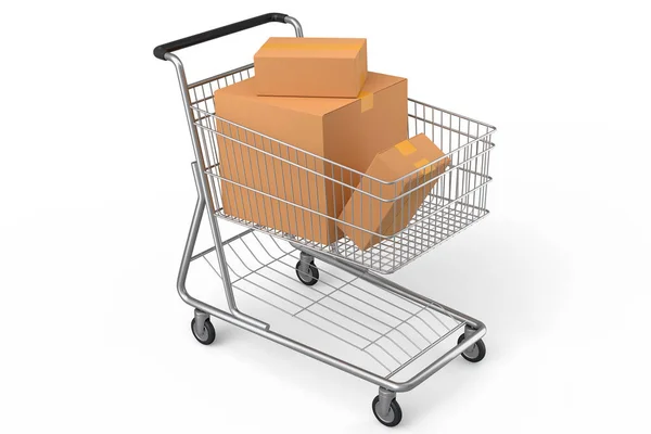 Shopping Cart Trolley Groceries White Background Render Concept Sale Discount — Stock Photo, Image