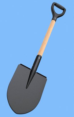 Mavi arka planda izole edilmiş ahşap saplı bahçe küreği. Çiftlik ve yaz kampı için 3D bahçe aletleri ve ekipman.