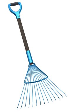 Beyaz arka planda izole edilmiş saman hasadı için ahşap saplı tırmık. Çiftlik ve hasat için 3D bahçe aleti ve ekipmanı