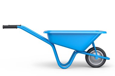 Bahçe arabası beyaz arka planda izole edilmiş. Direksiyonlu el arabası. Kargo taşımacılığı için 3D tarım bahçesi oluşturma aracı.