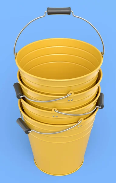 Set Metal Garden Buckets Isolated Blue Background Render Care Hydration — Stockfoto