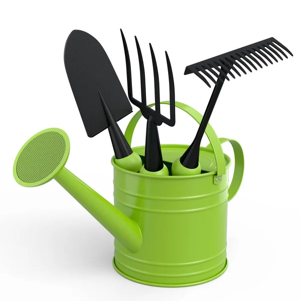 Watering Can Garden Tools Shovel Rake Fork White Background Render — Stock Photo, Image