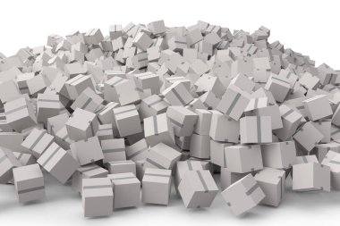 Beyaz arka planda izole edilmiş bir yığın karton kutu ya da hediye kutusu. 3D ekspres teslimat kavramı depo, paket taşımak ve çevrimiçi alışveriş