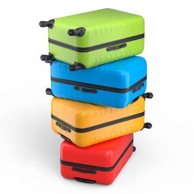 Beyaz arka planda izole edilmiş polikarbonat bavulları. 3D seyahat konsepti bagaj veya bagaj